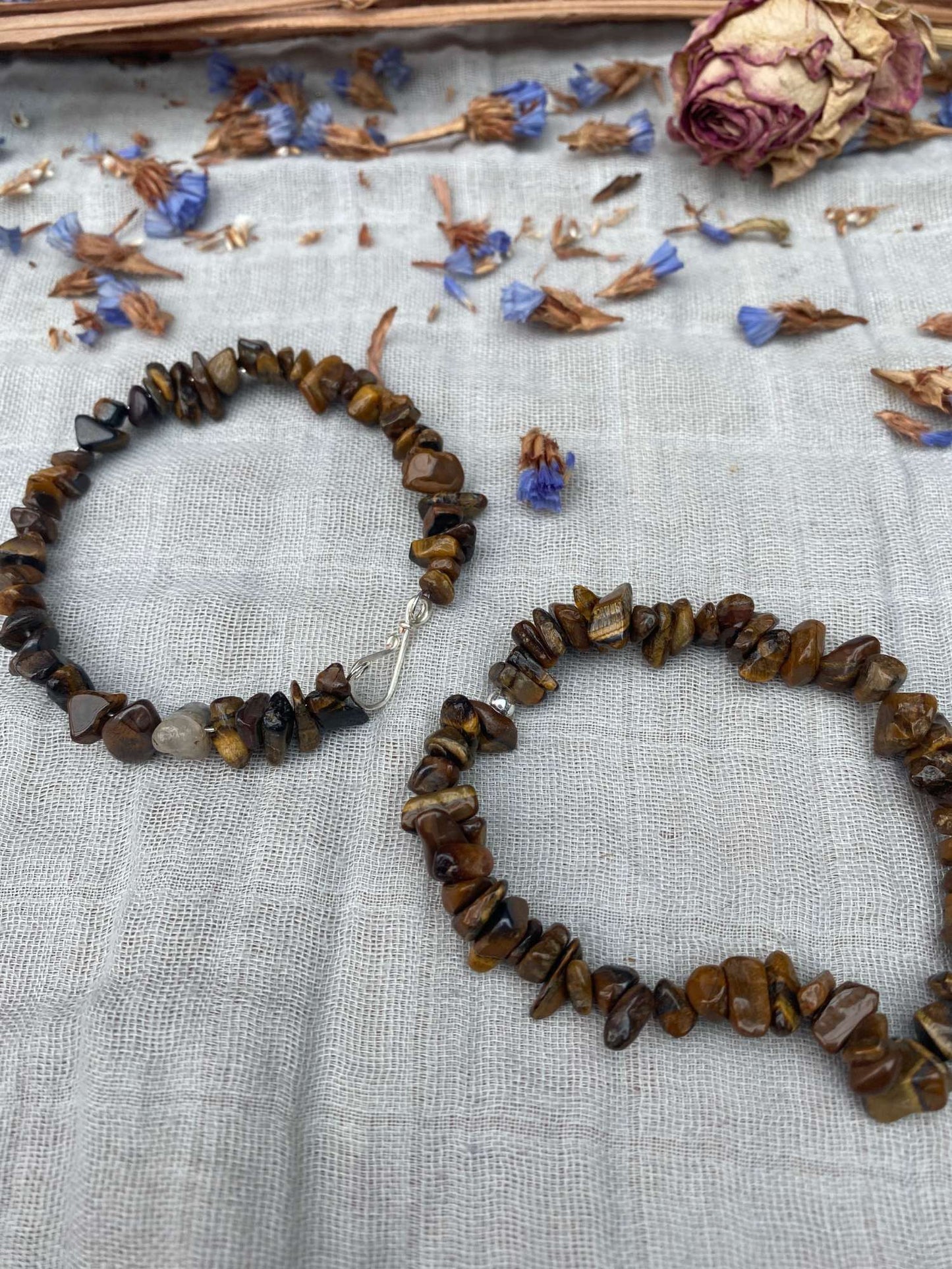 Tigers eye bracelet one stretch cord one memory wire with silver handmade clasp