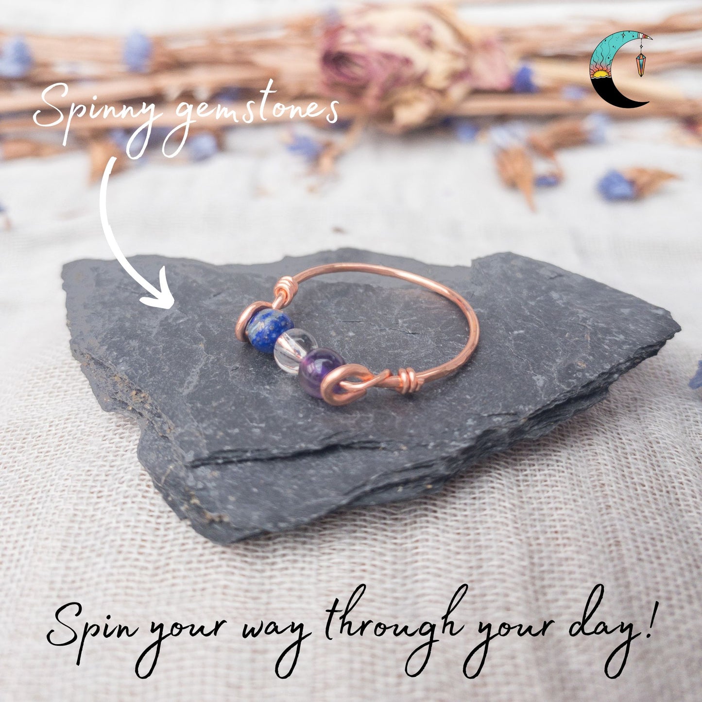 copper Triple fidget for intuition lapis lazuli clear quartz amethyst