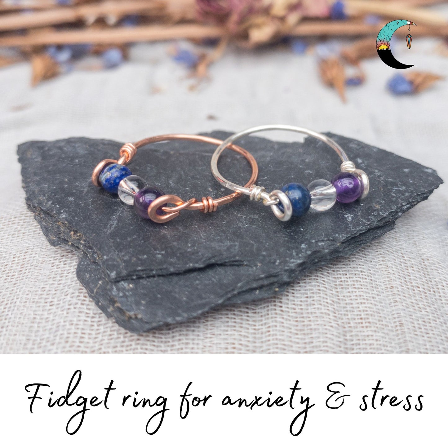 copper and silver Triple fidget for intuition lapis lazuli clear quartz amethyst