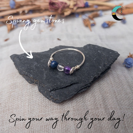 silver Triple fidget for intuition lapis lazuli clear quartz amethyst