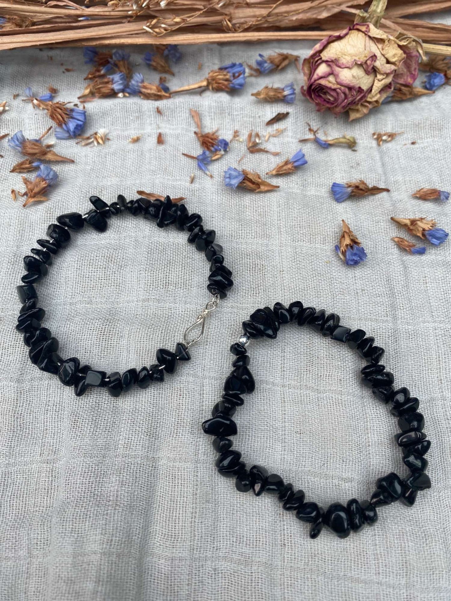 black obsidian bracelet one stretch cord one memory wire with silver handmade clasp