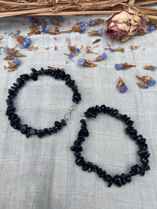 black obsidian bracelet one stretch cord one memory wire with silver handmade clasp