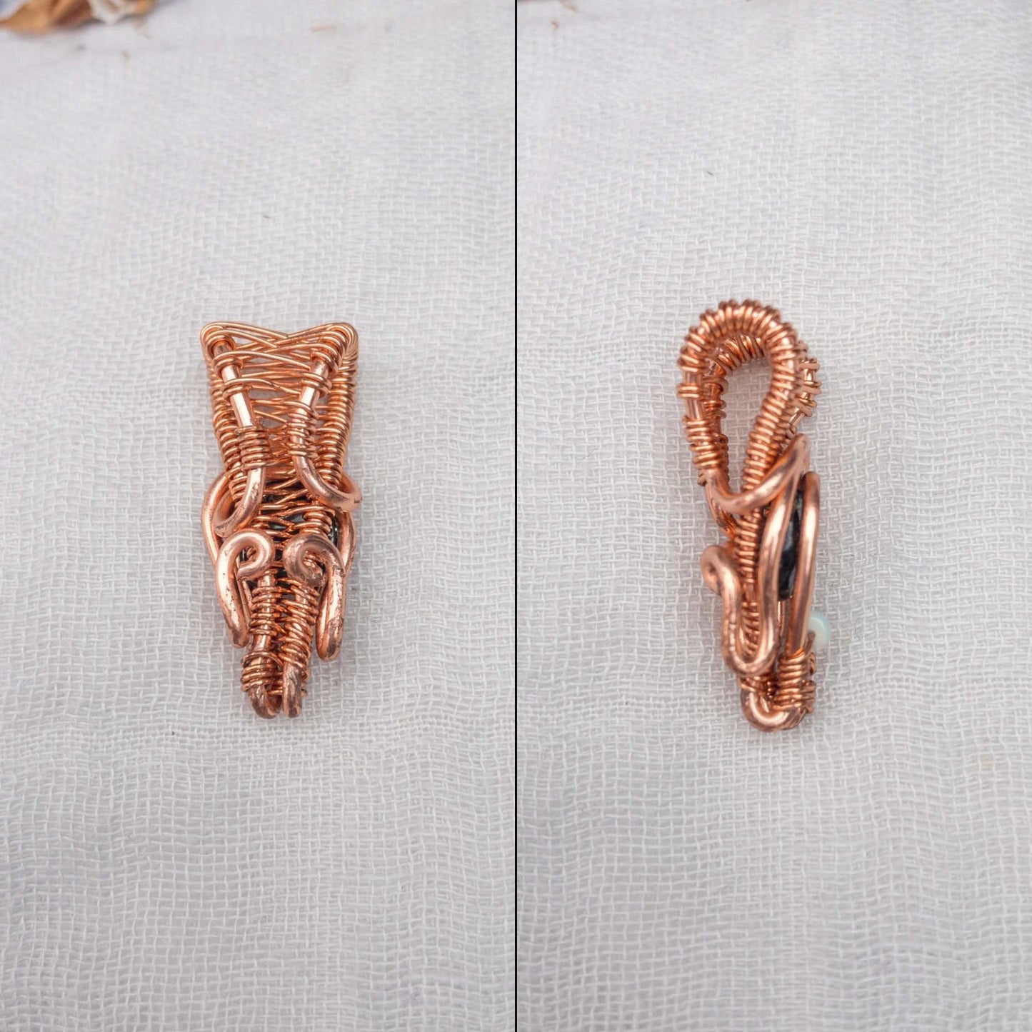 deep green tourmaline and opal wire wrapped pendant in copper wire back and side view