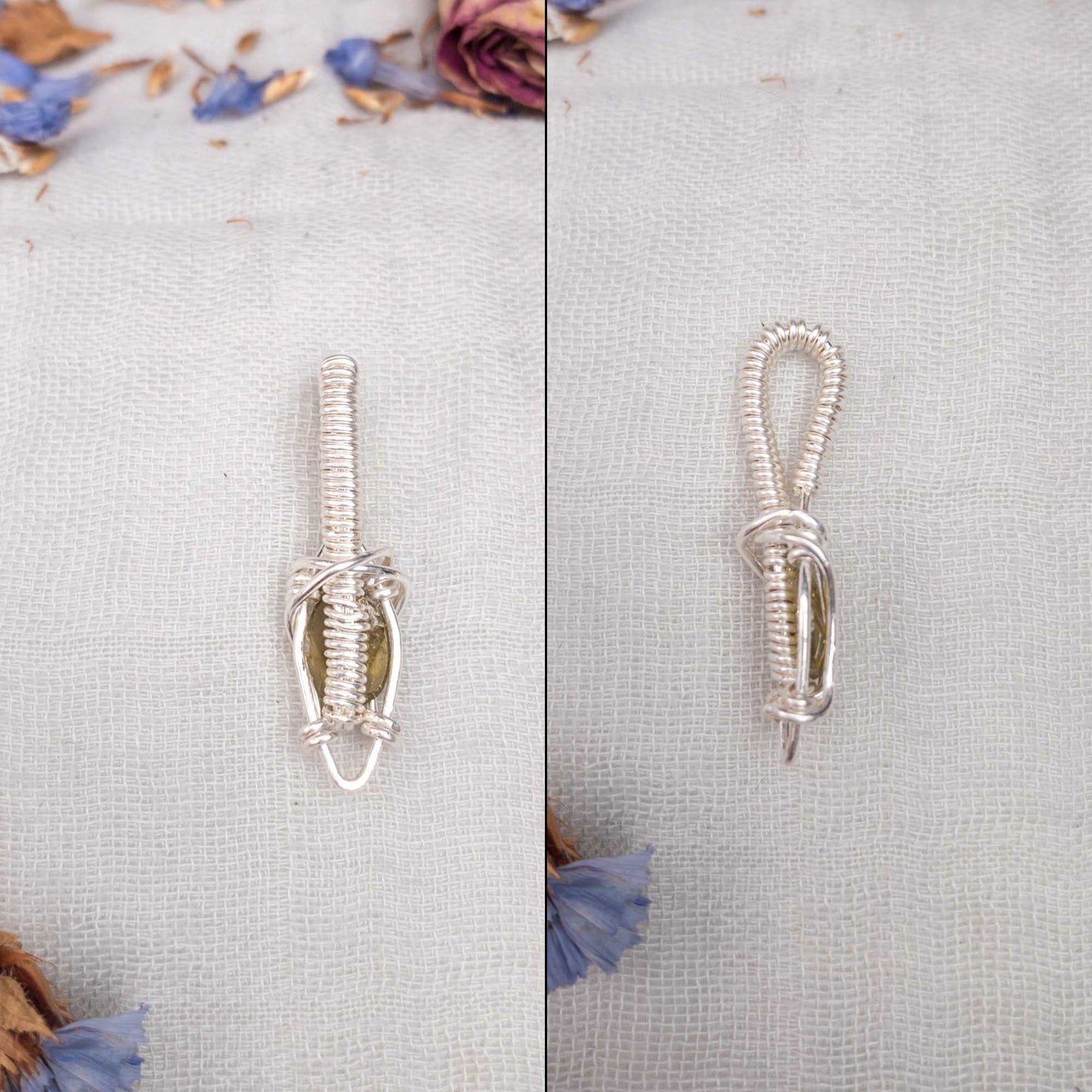 green tourmaline and silver filled wire dainty wire wrapped pendant back and side view