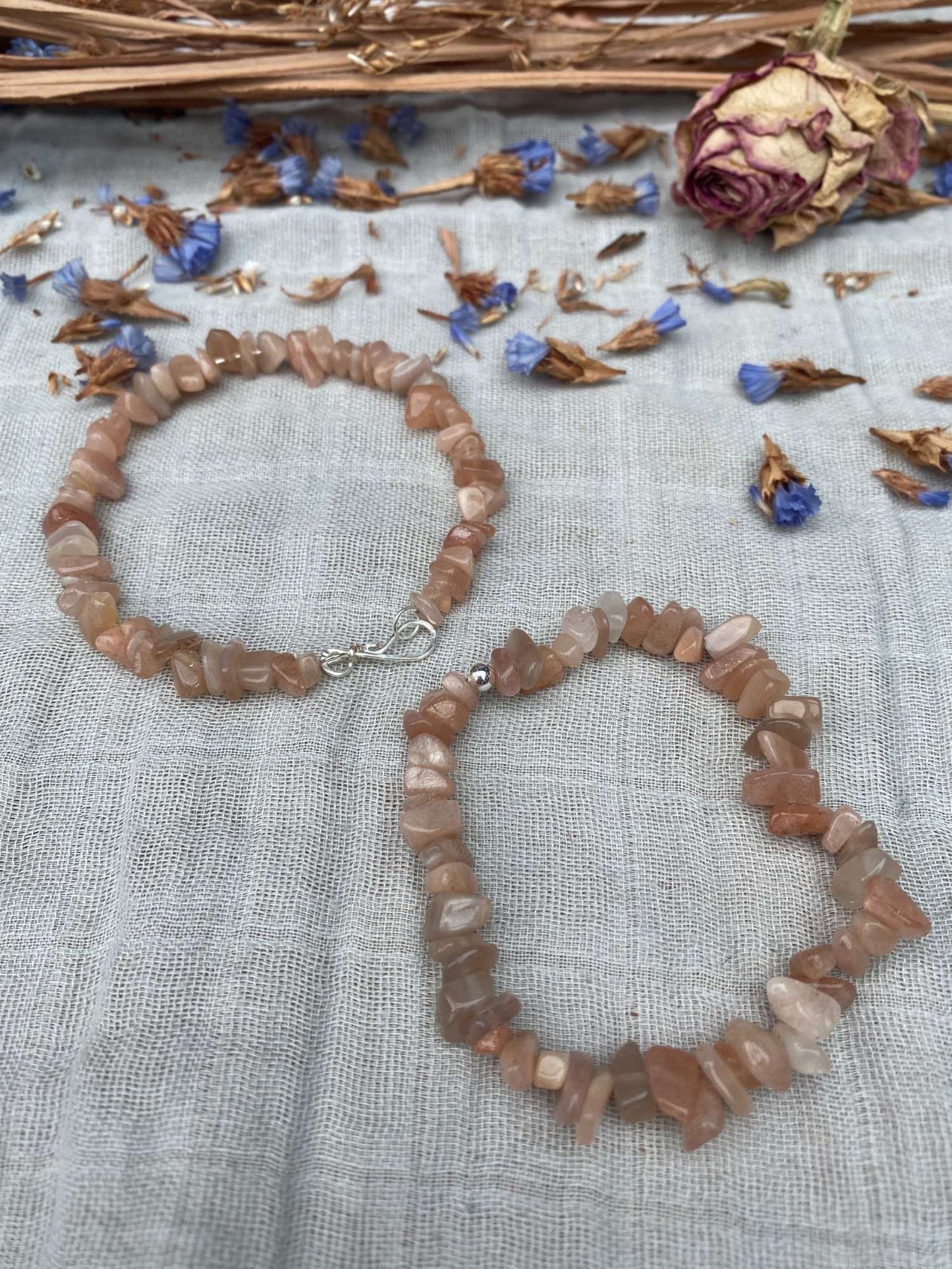 sunstone bracelet one stretch cord one memory wire with silver handmade clasp