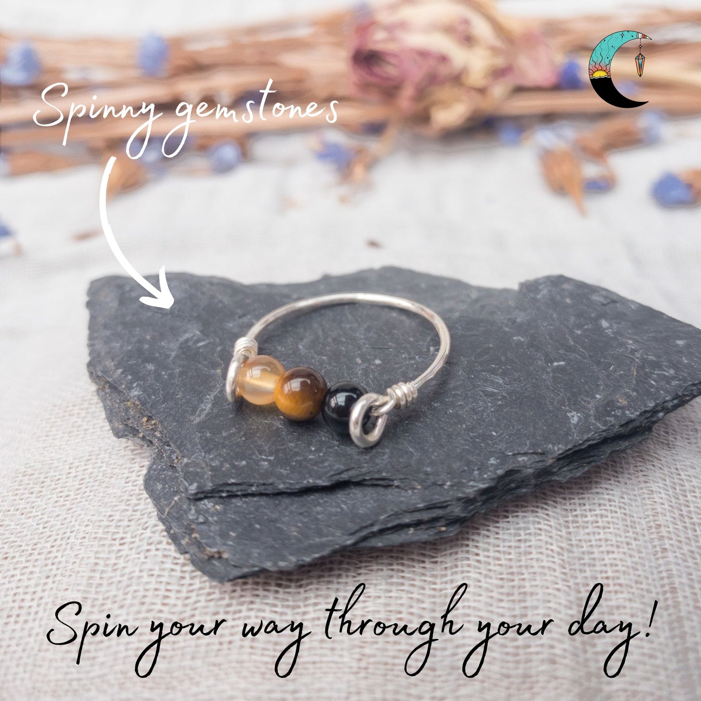 silver triple fidget ring grounding and success black agate tigers eye carnelian