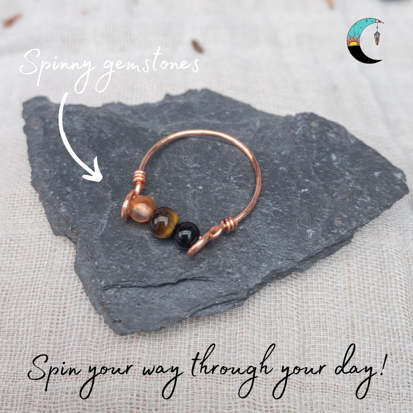 copper triple fidget ring grounding and success black agate tigers eye carnelian
