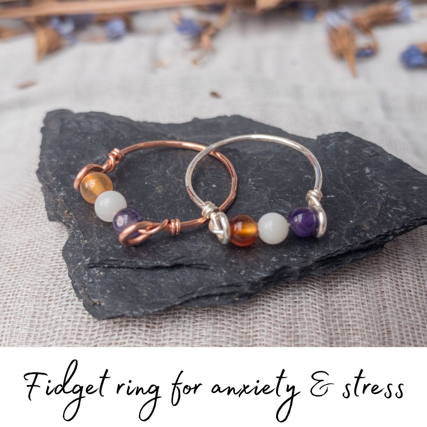 two triple fidget rings "stress rescue" carnelian amazonite amethyst