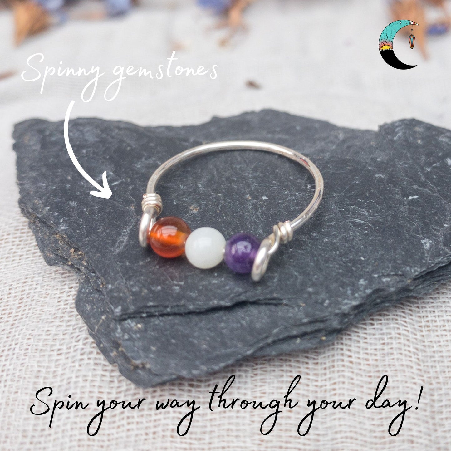 silver triple fidget rings "stress rescue" carnelian amazonite amethyst