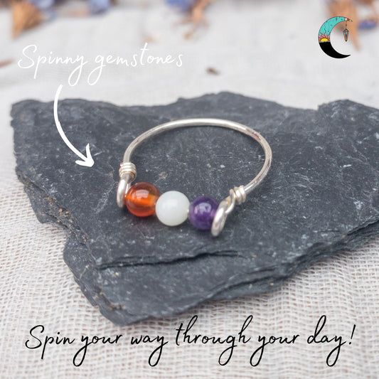 silver triple fidget rings "stress rescue" carnelian amazonite amethyst