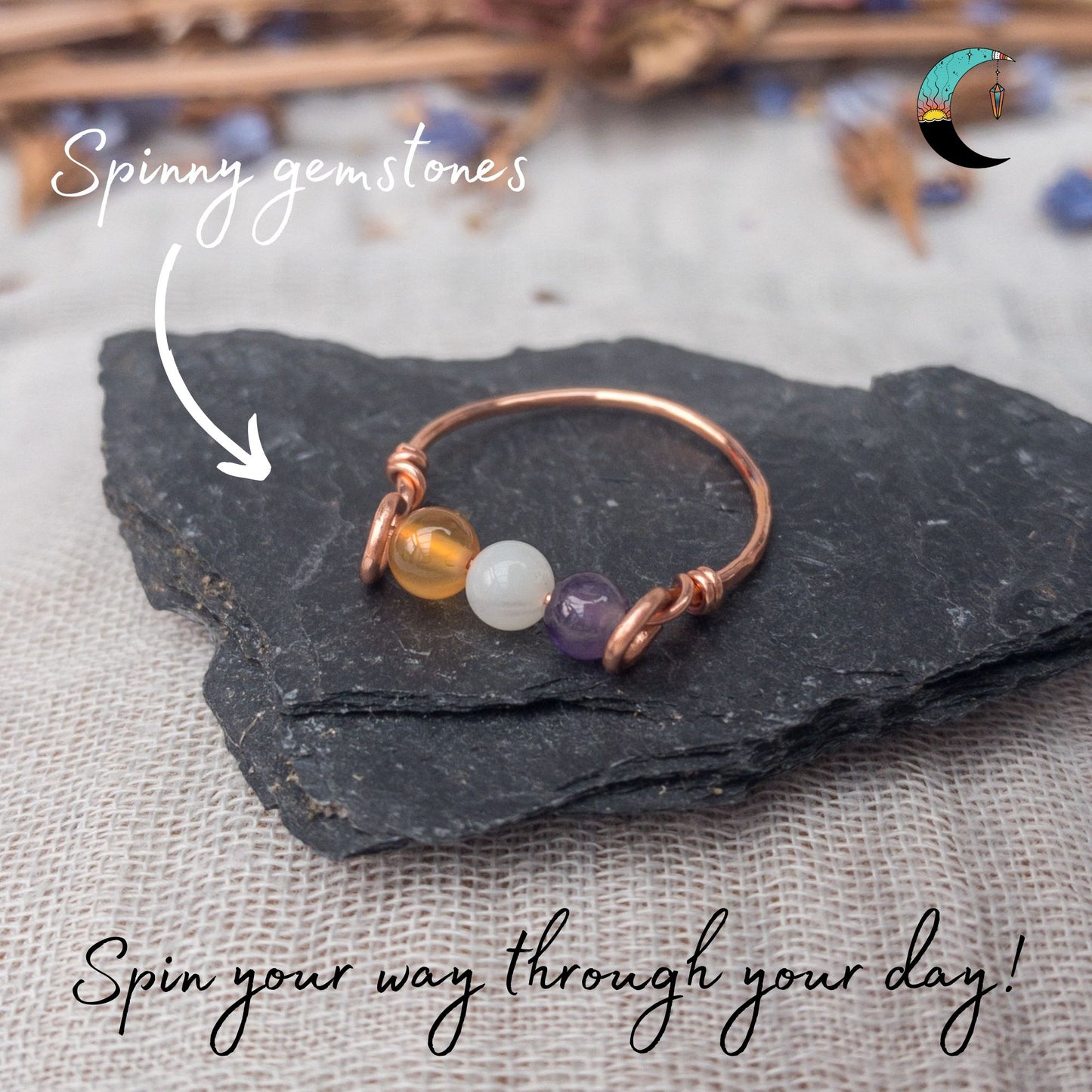 copper triple fidget rings "stress rescue" carnelian amazonite amethyst