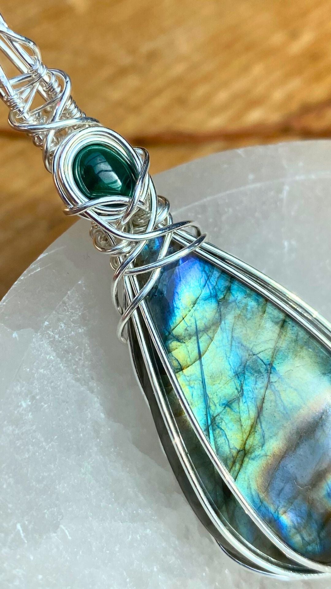 chrysocolla and rose quartz pendant on statement vegan silk necklace