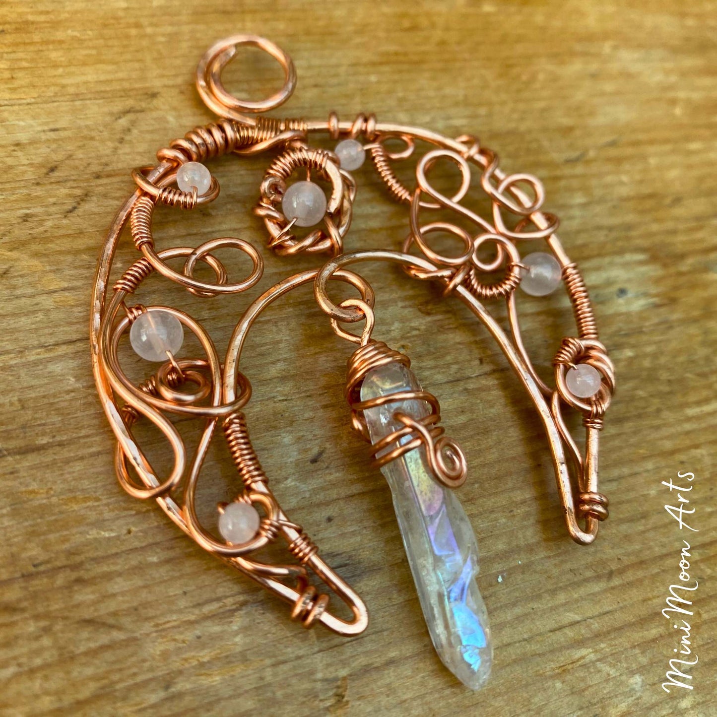 Aura Quartz & Rose Quartz Crescent Moon Bright Copper Wire Wrapped Pendant