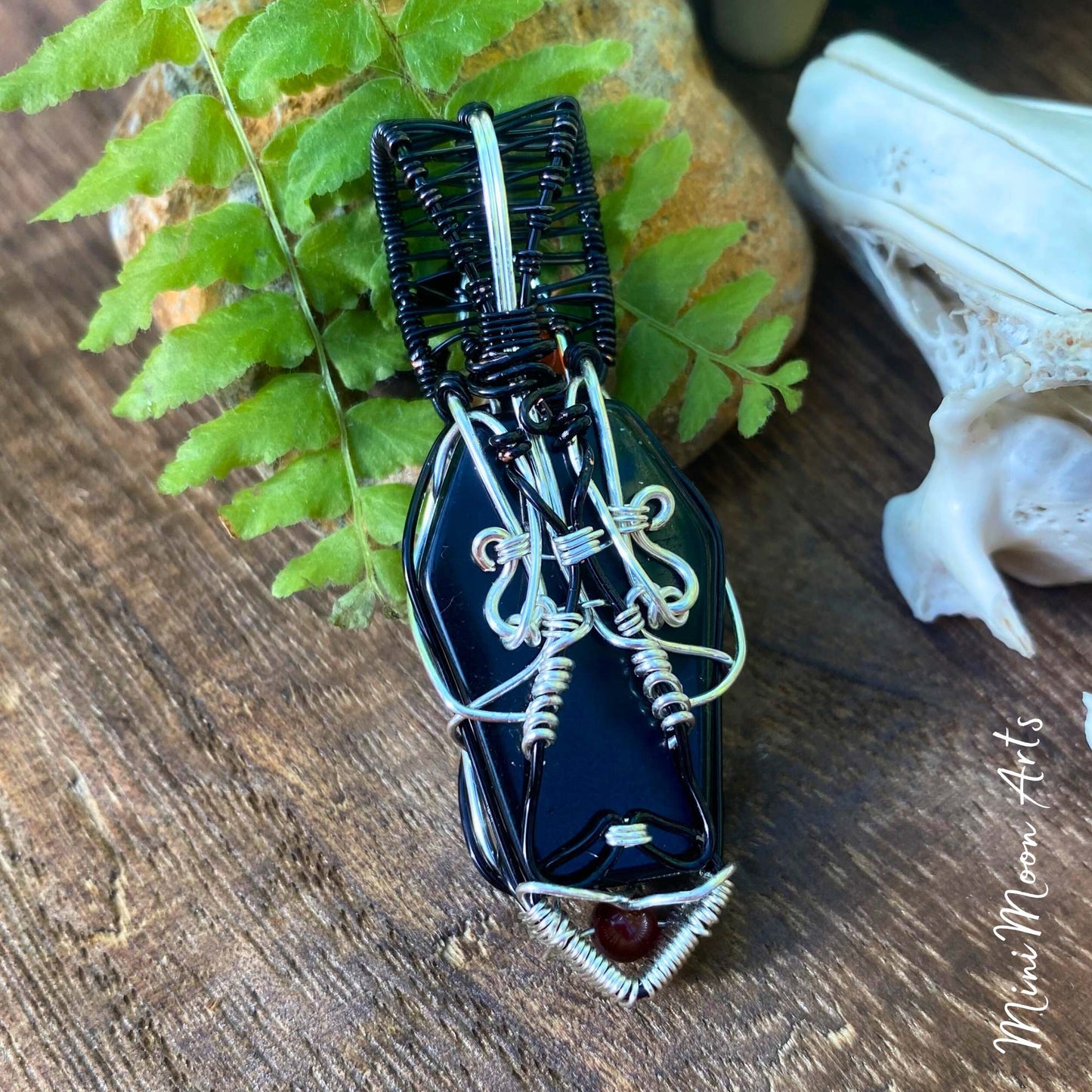Deep Transformation | Black Obsidian Coffin, Red Garnet Snake & Carnelian Copper & Black Plated Copper Wire Wrapped Pendant