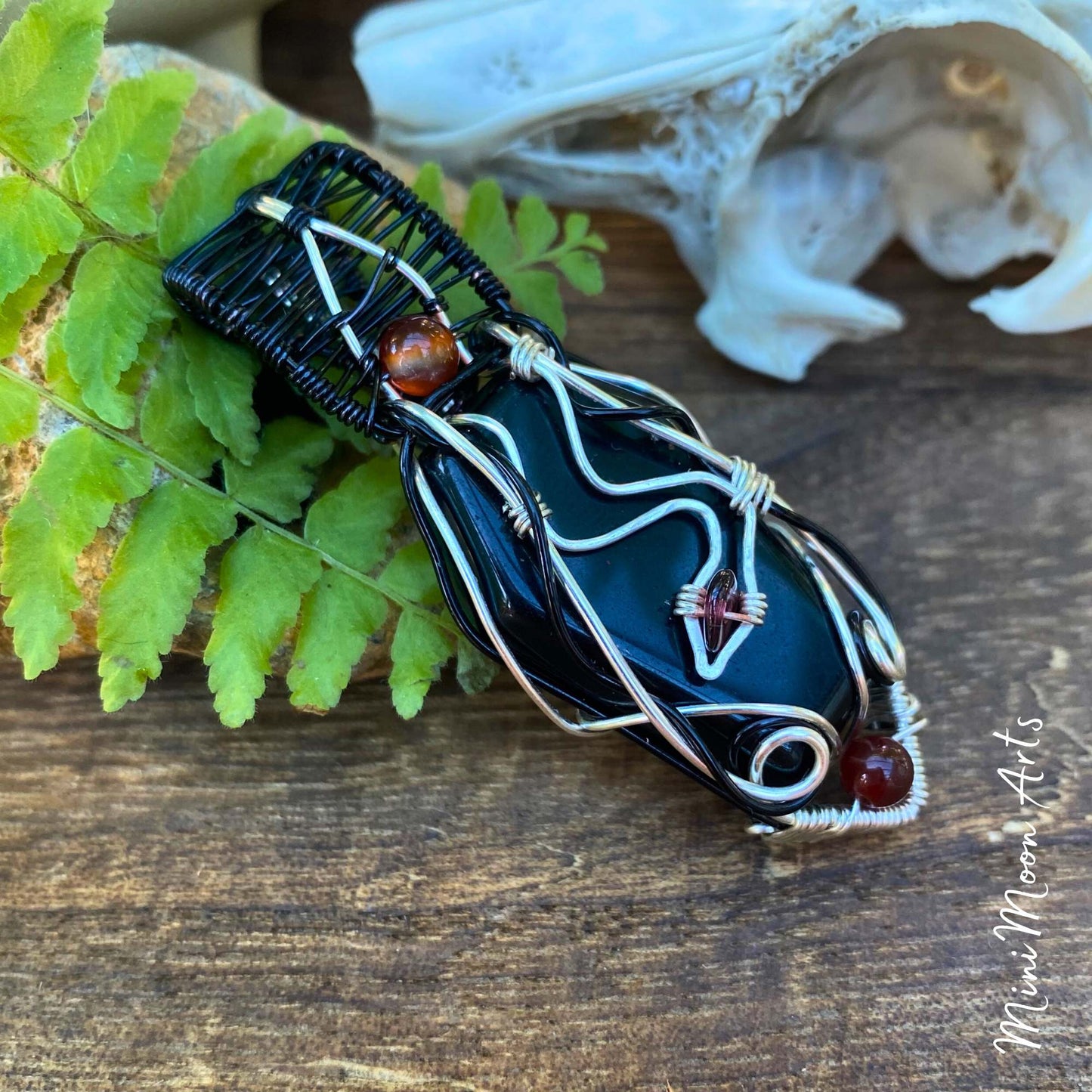 Deep Transformation | Black Obsidian Coffin, Red Garnet Snake & Carnelian Copper & Black Plated Copper Wire Wrapped Pendant