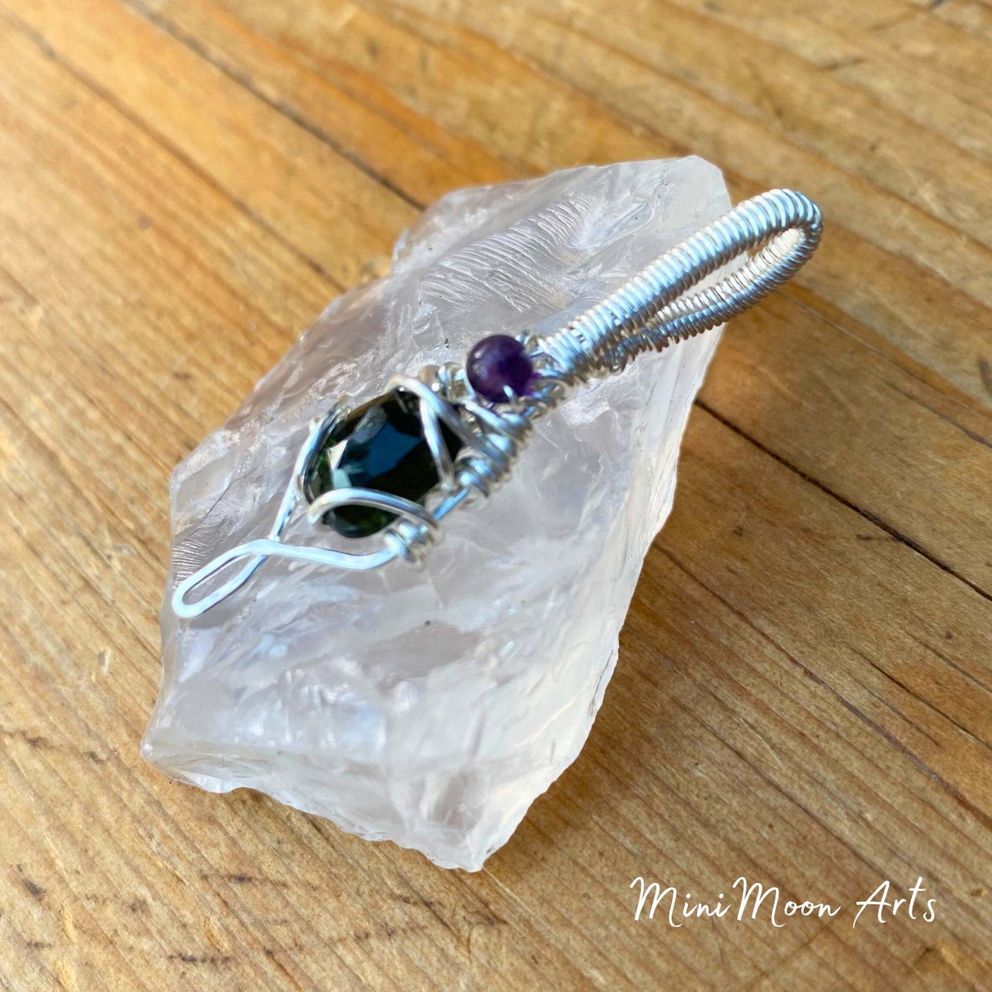 Dark Green Tourmaline  & Amethyst Silver Filled Wire Wrapped Pendant