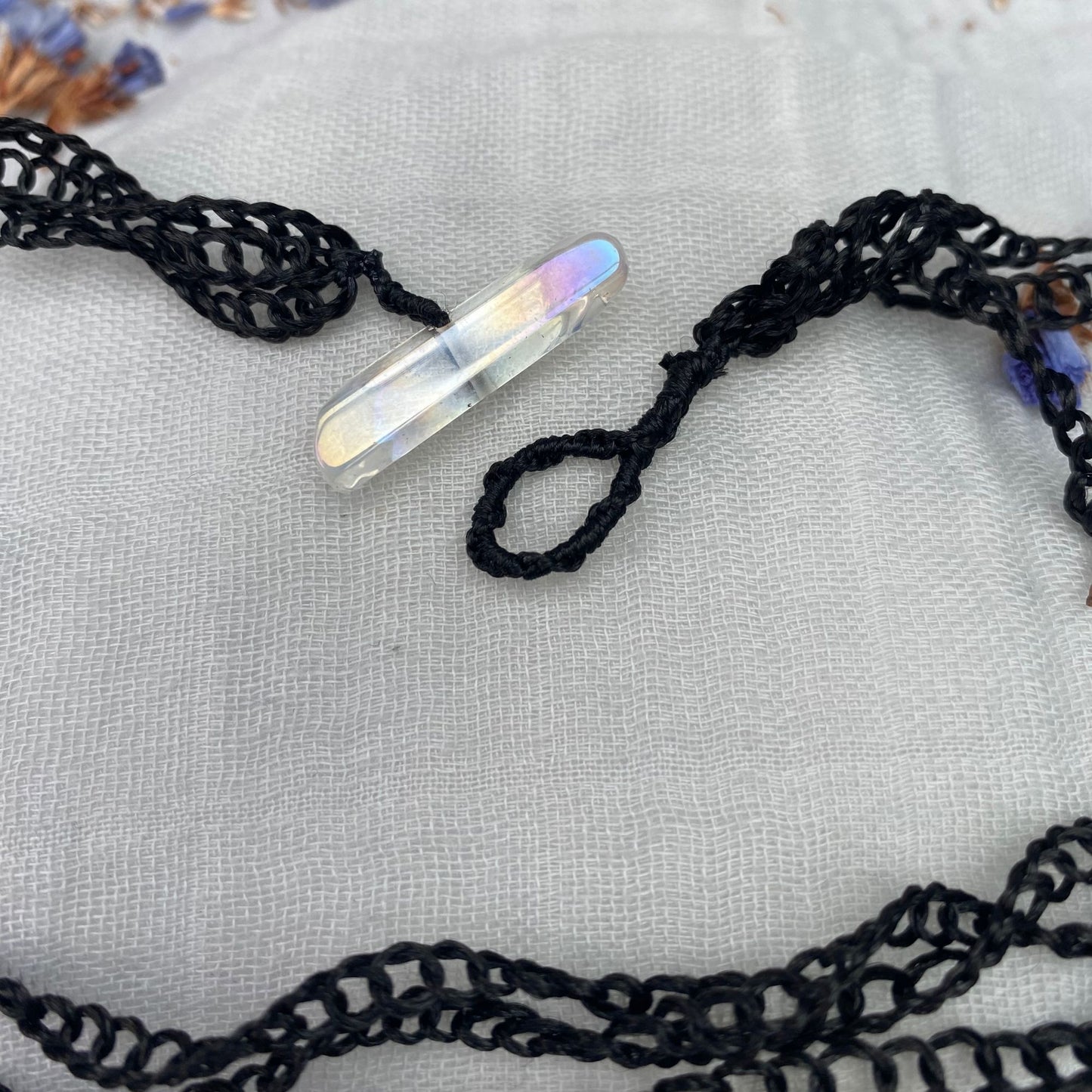 hand crochet vegan silk chain with quartz clasp metal free close up of clasp not closed