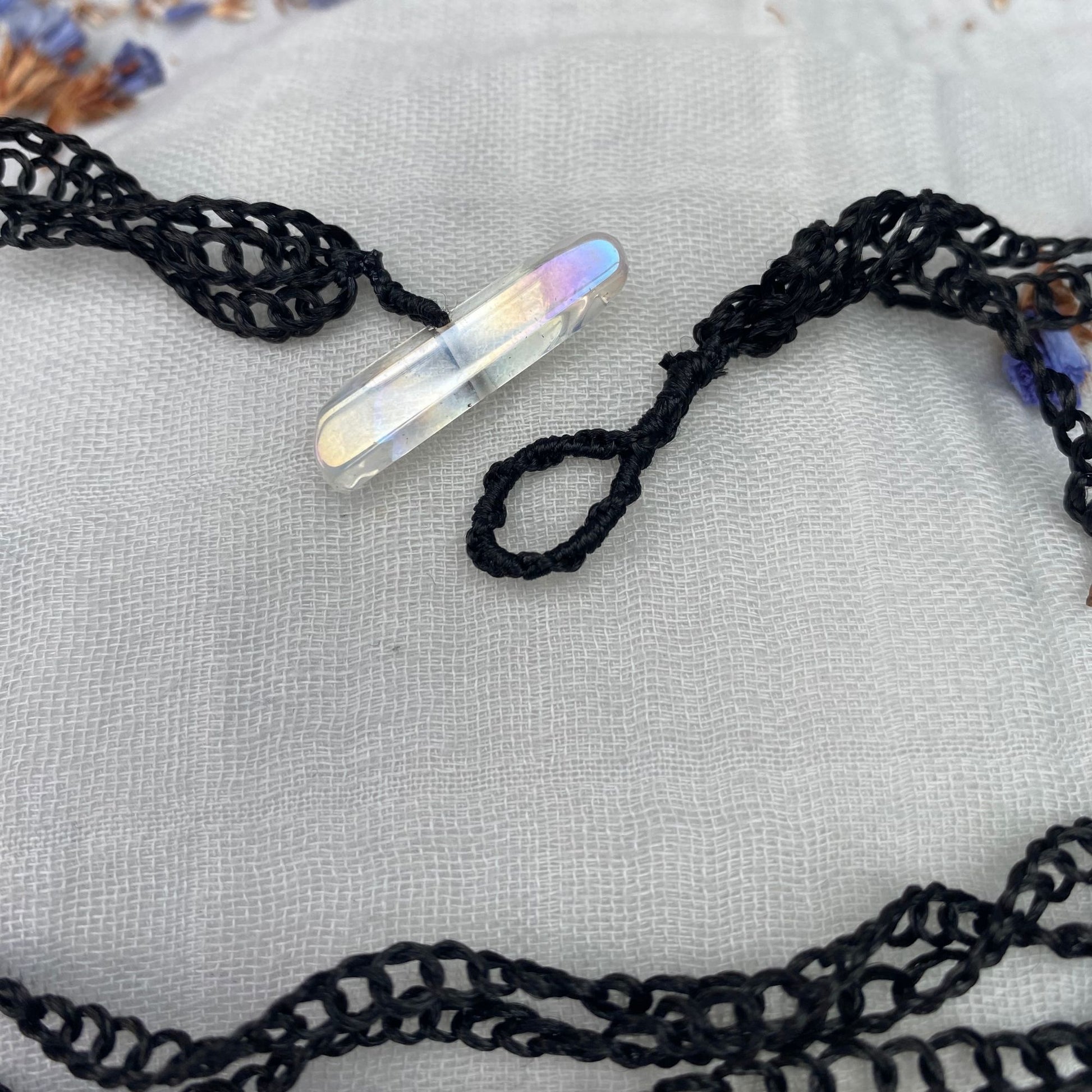 hand crochet vegan silk chain with quartz clasp metal free close up of clasp not closed