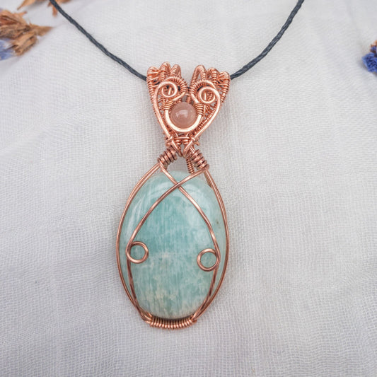 large amazonite and sunstone art deco style pendant on hemp cord
