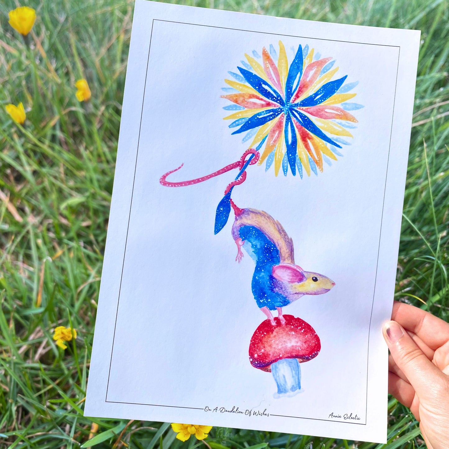 "On A Dandelion Of Wishes" - Little Mouse & Mushroom Watercolour Paint Art Print