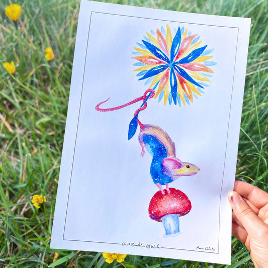 "On A Dandelion Of Wishes" - Little Mouse & Mushroom Watercolour Paint Art Print