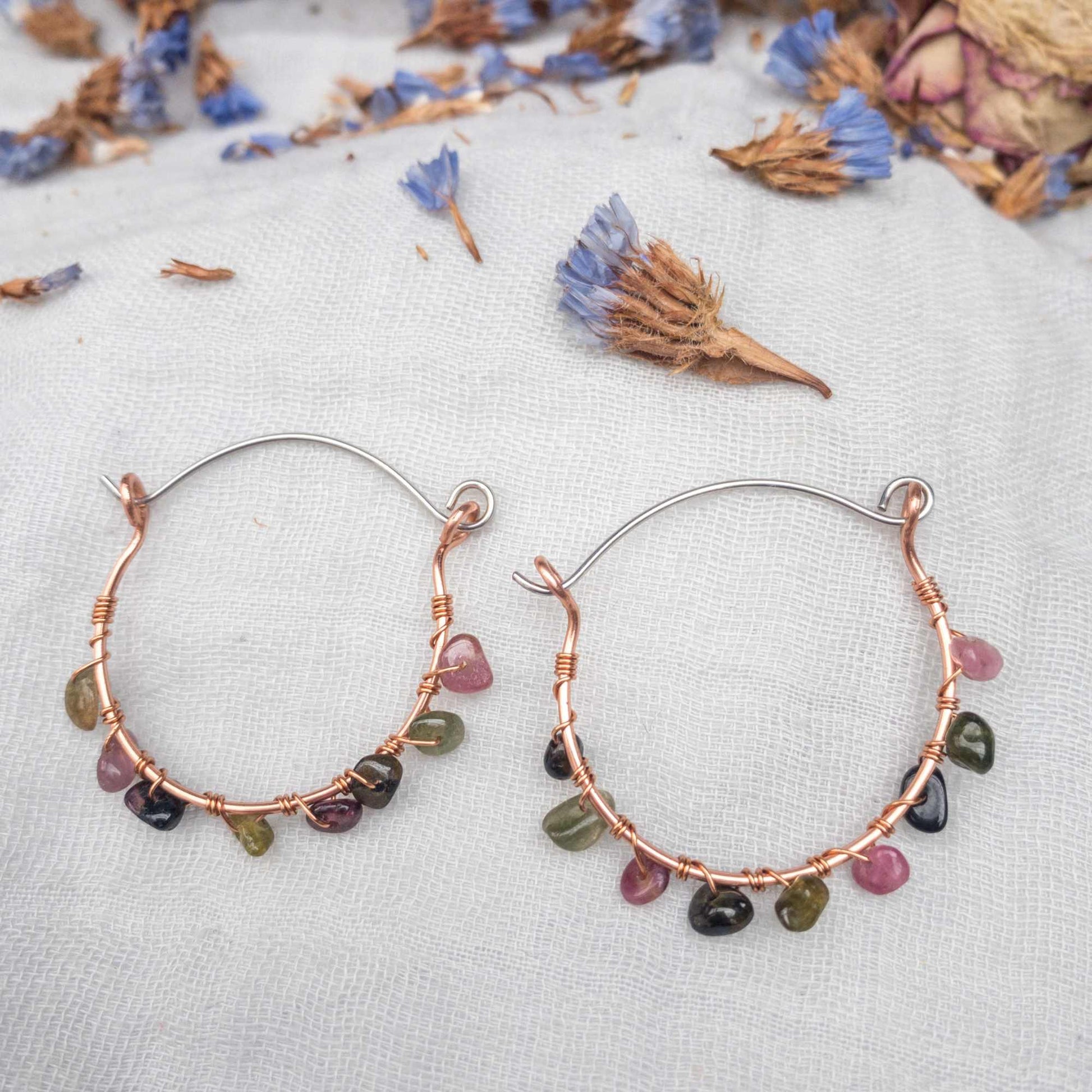 watermelon tourmaline wire wrapped handmade hoop earrings