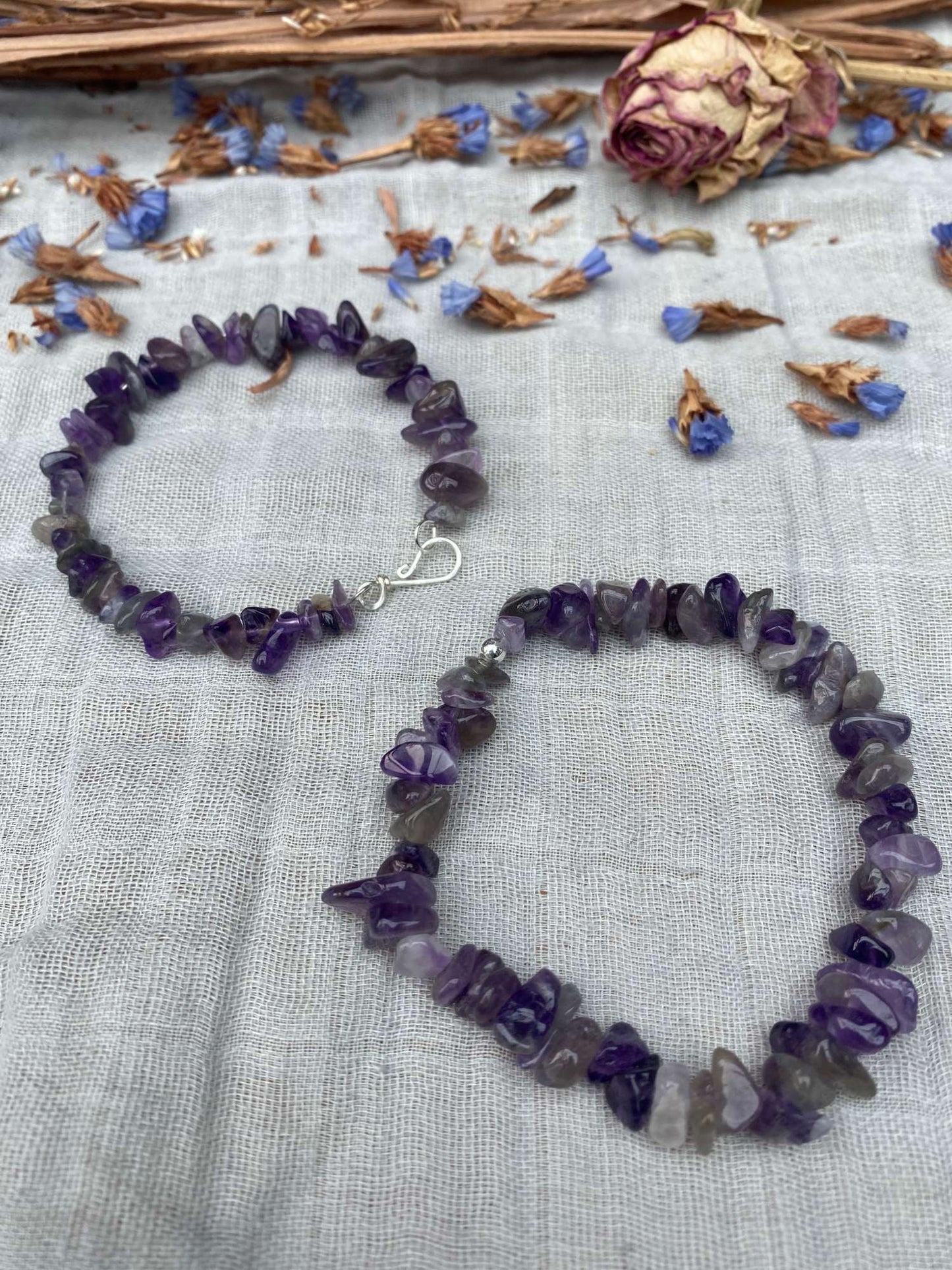 Amethyst bracelet one stretch cord one memory wire with silver handmade clasp
