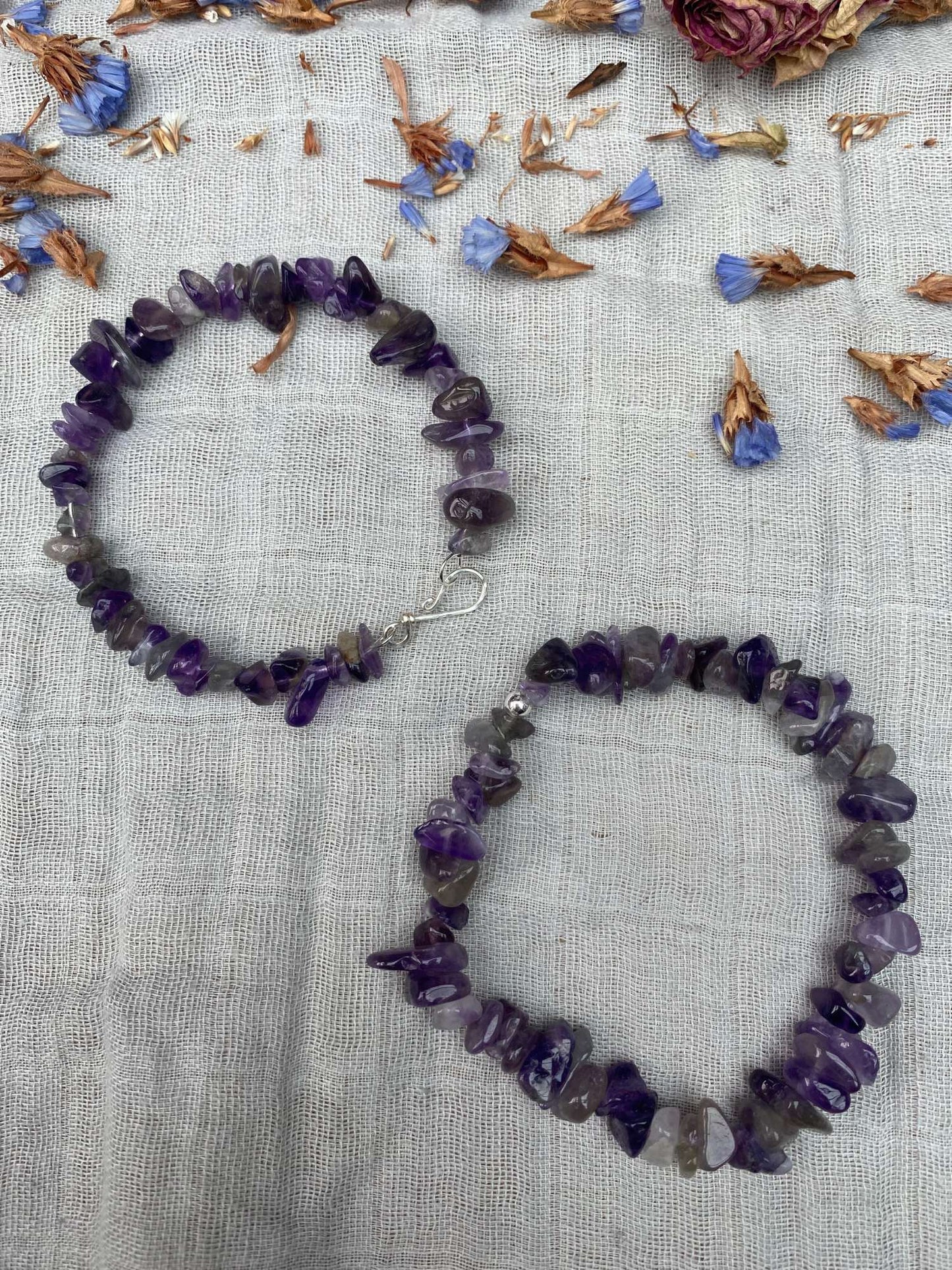 Amethyst bracelet one stretch cord one memory wire with silver handmade clasp