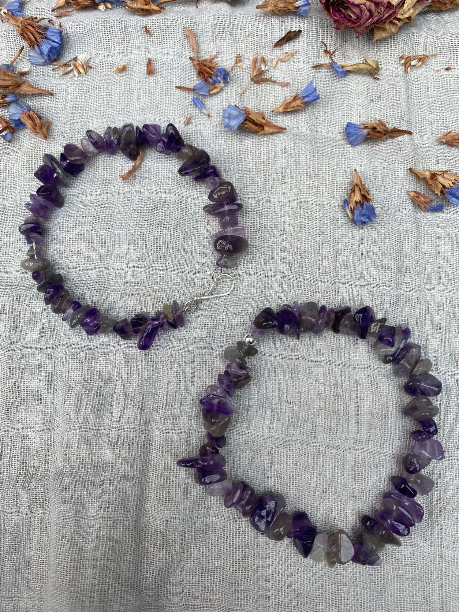 Amethyst bracelet one stretch cord one memory wire with silver handmade clasp