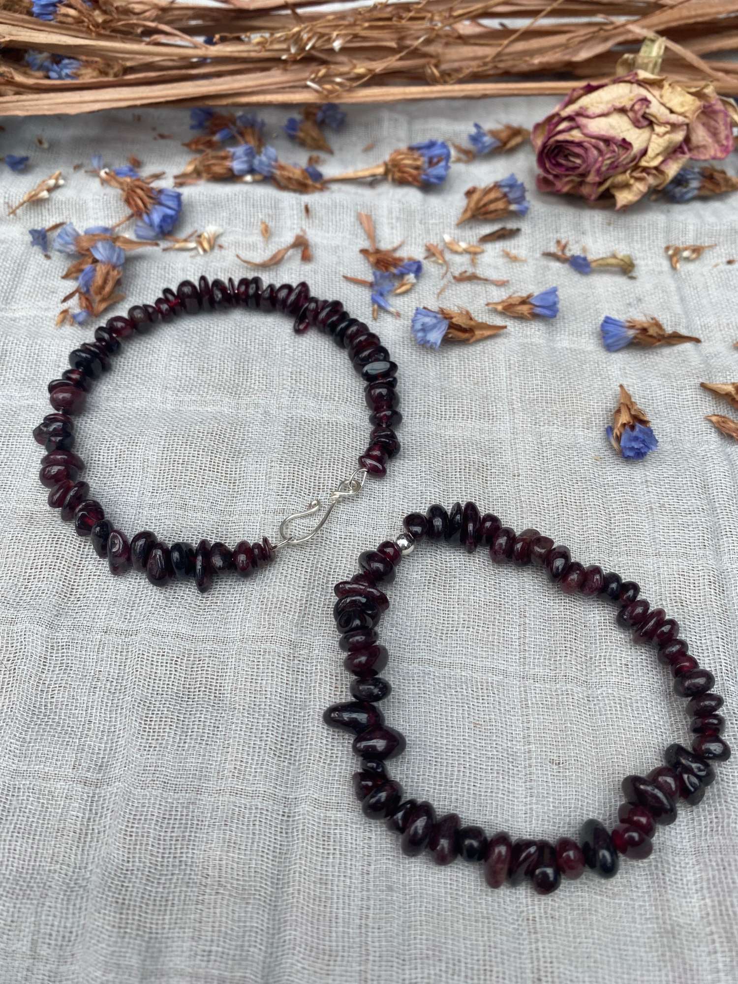 Red garnet bracelet one stretch cord one memory wire with silver handmade clasp