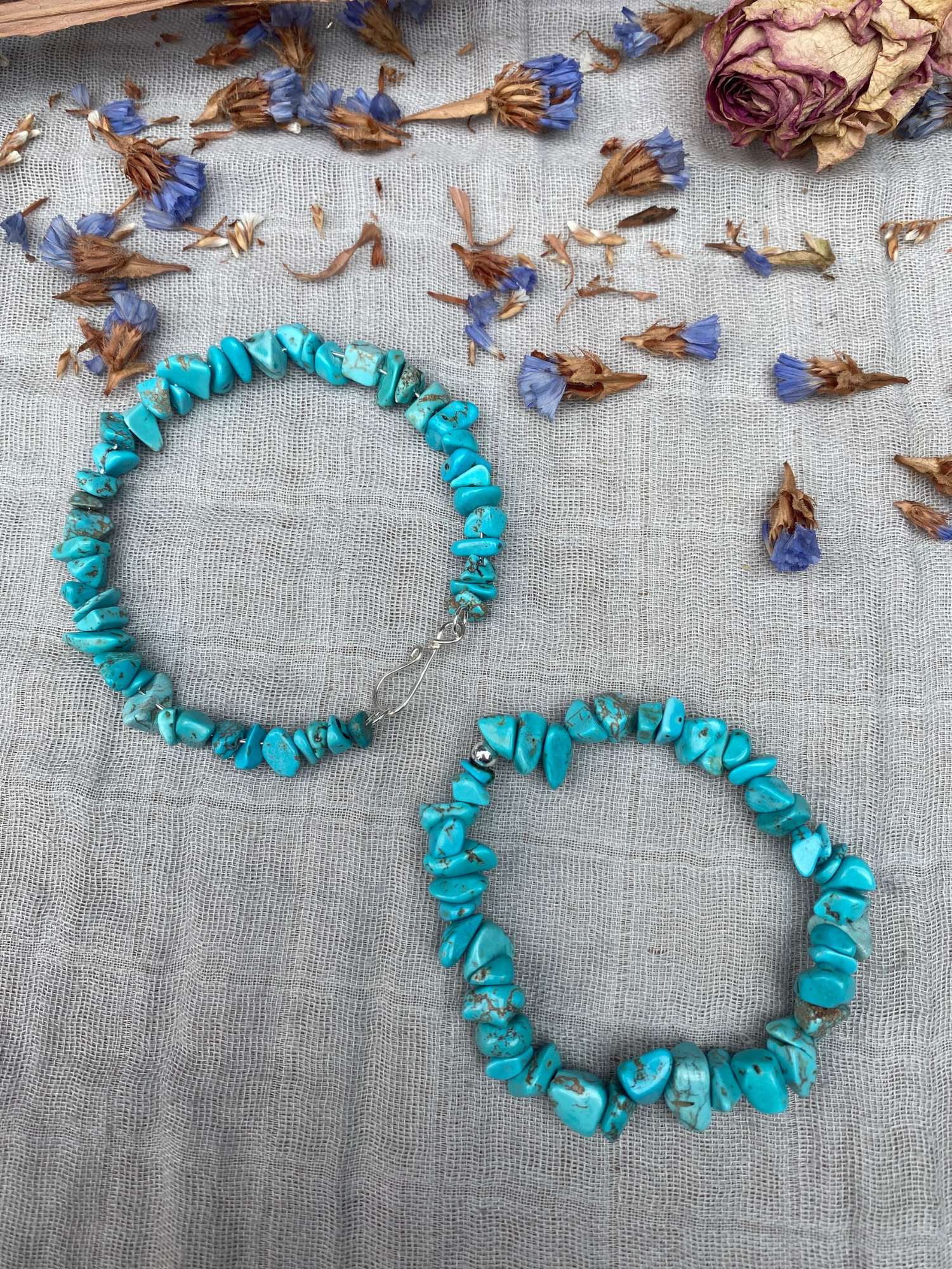 Turquoise Howlite bracelet one stretch cord one memory wire with silver handmade clasp